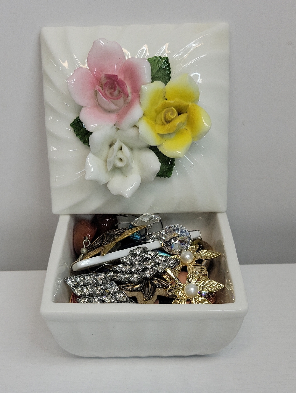 Porcelain Floral Trinket Box with Earrings